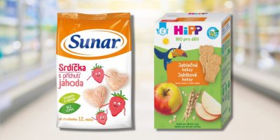 Koláž výrobku „Srdíčka s příchutí jahoda, Sunar“ a „Jablečné keksy pro děti BIO, HiPP“