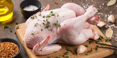 Čerstvé syrové kuře na prkénku a koření na vaření