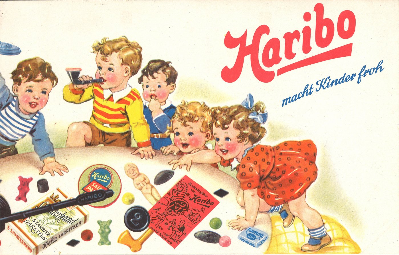 Historická reklama na cukrovinky HARIBO, na které jsou děti